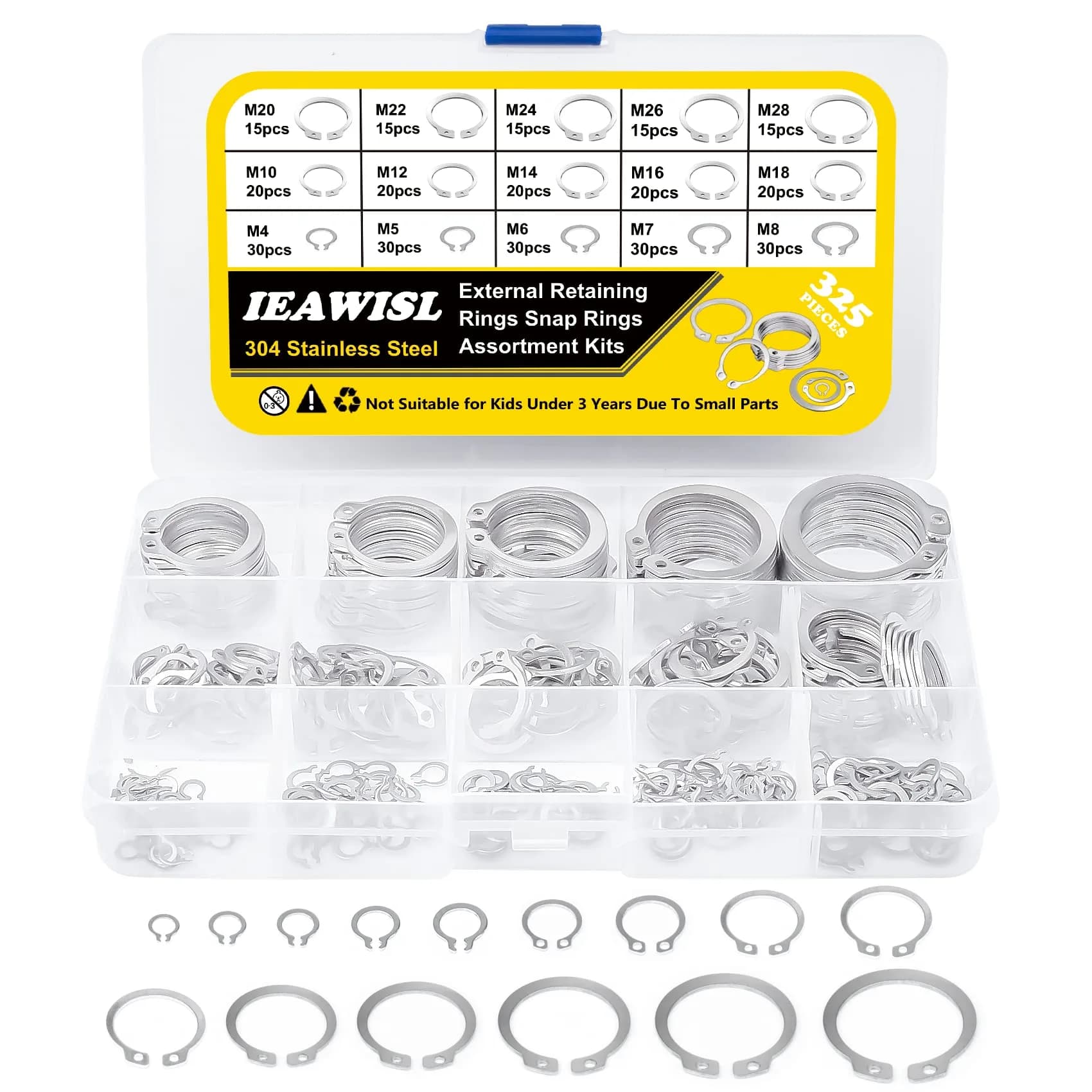 IEAWISL 325 PCS External Snap Rings M4-M28 | 304 Stainless Steel C-Clips for Moving Parts — Silver