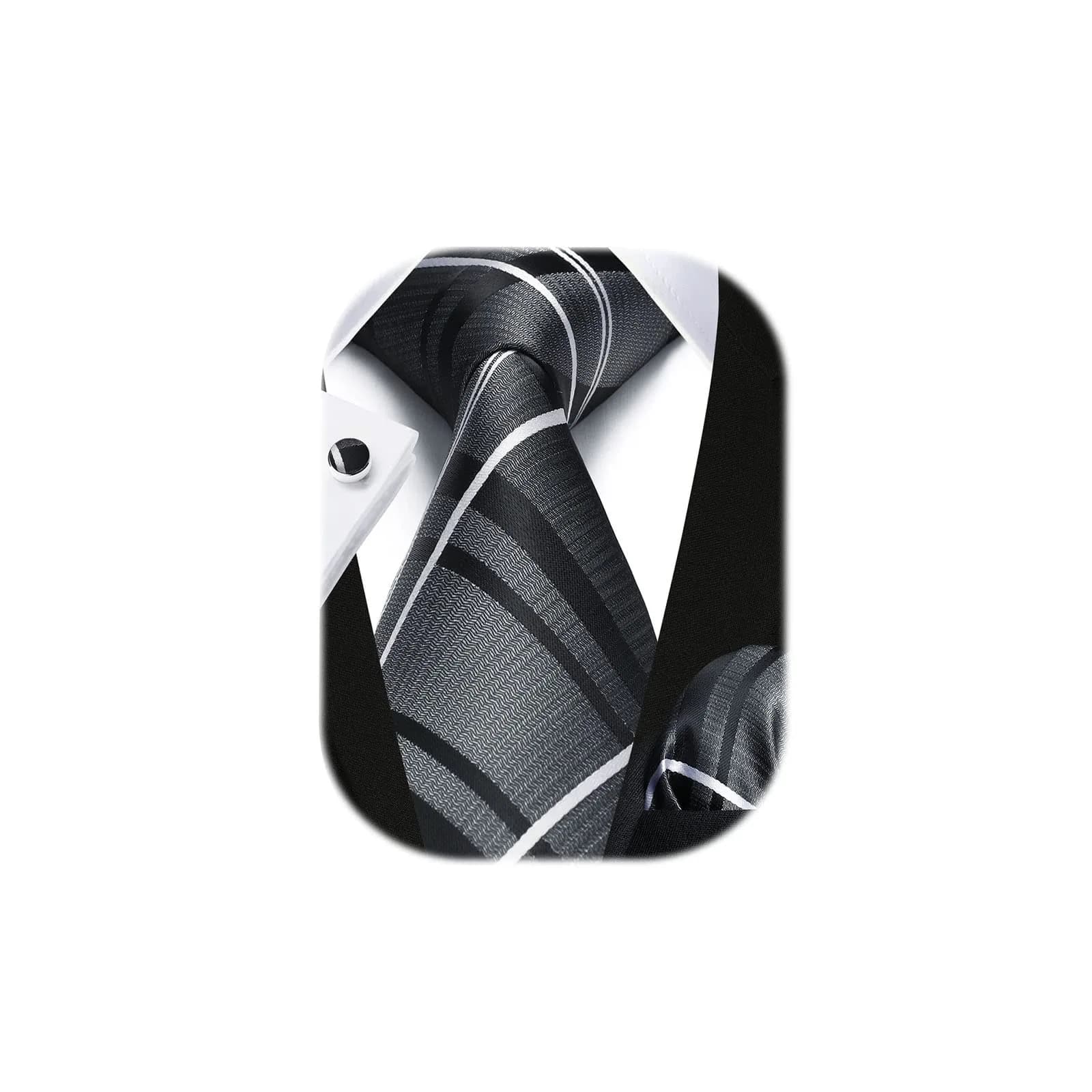 HISDERN Gray and Black Stripe Tie Set for Men — 8.5 cm (3.4") Wide, 150 cm (59") Long — 01-gray1