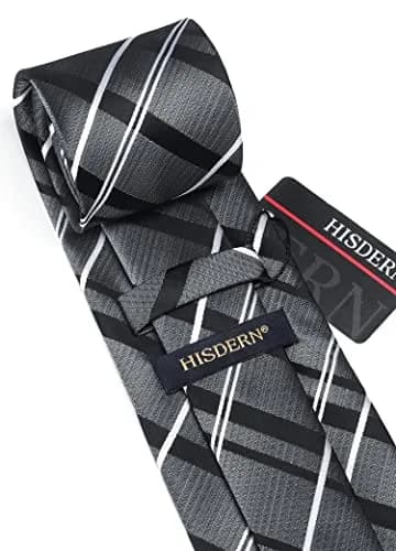 HISDERN Gray and Black Stripe Tie Set for Men — 8.5 cm (3.4") Wide, 150 cm (59") Long thumbnail 6