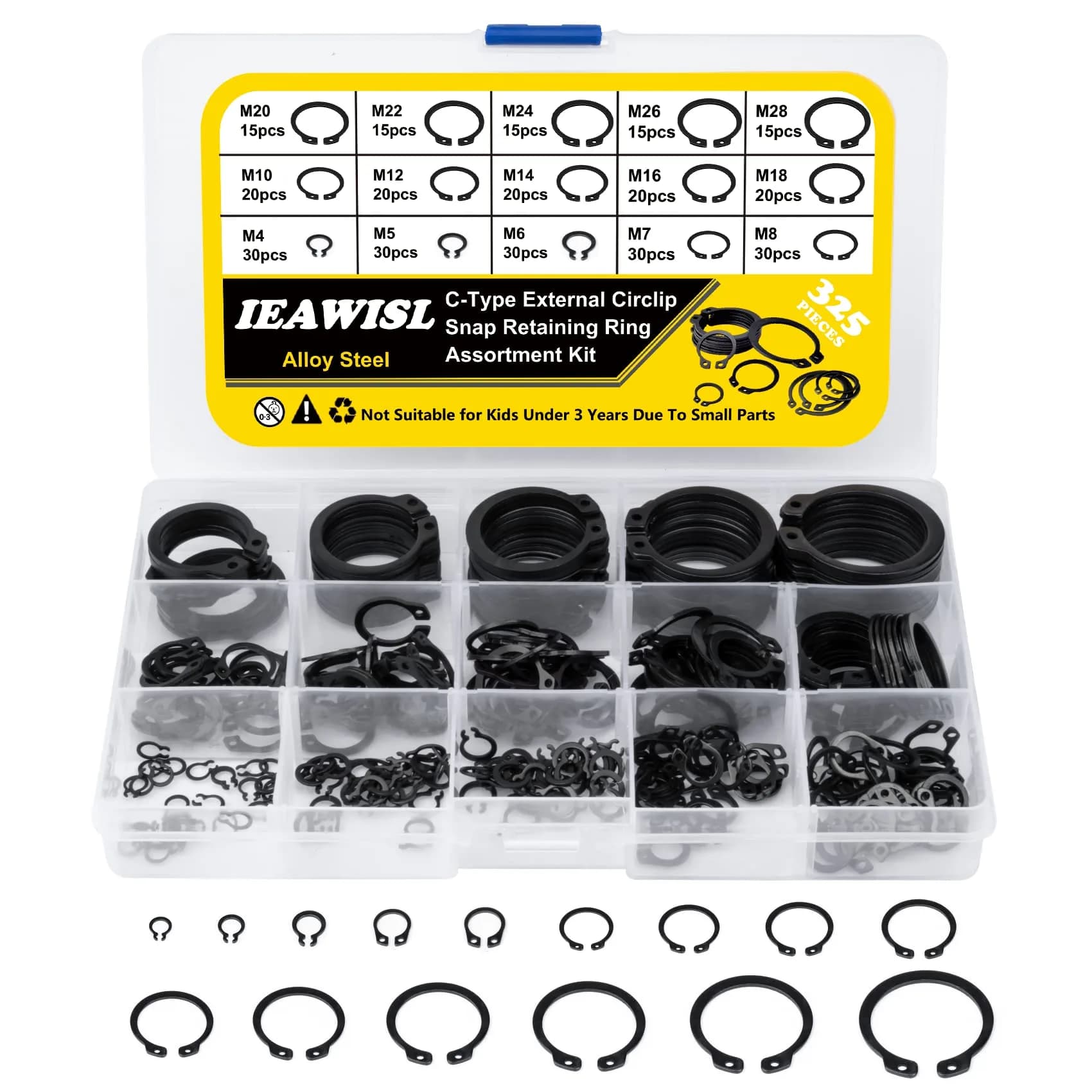 IEAWISL 325 PCS External Snap Rings M4-M28 | 304 Stainless Steel C-Clips for Moving Parts — Alloy Steel