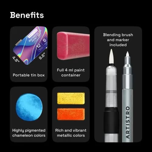 ARTISTRO Metallic Watercolor Paint Set with Palette & Brush Pens - 18 Color | High-Quality Artist Watercolors thumbnail 6