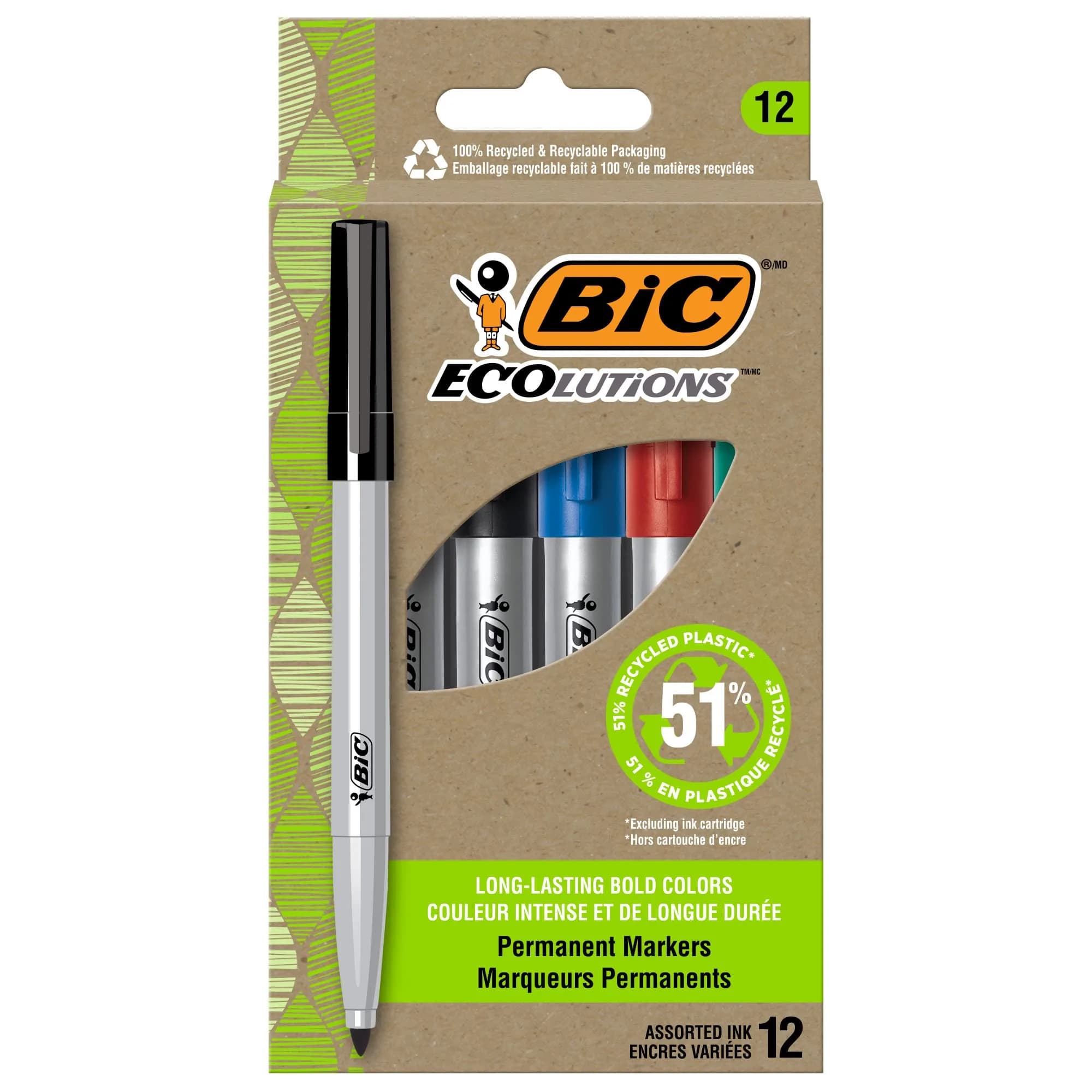 BIC Ecolutions Fine Permanent Markers 12-Count Assorted Colours | Eco-Friendly, Precise & Long-Lasting — Multicolor