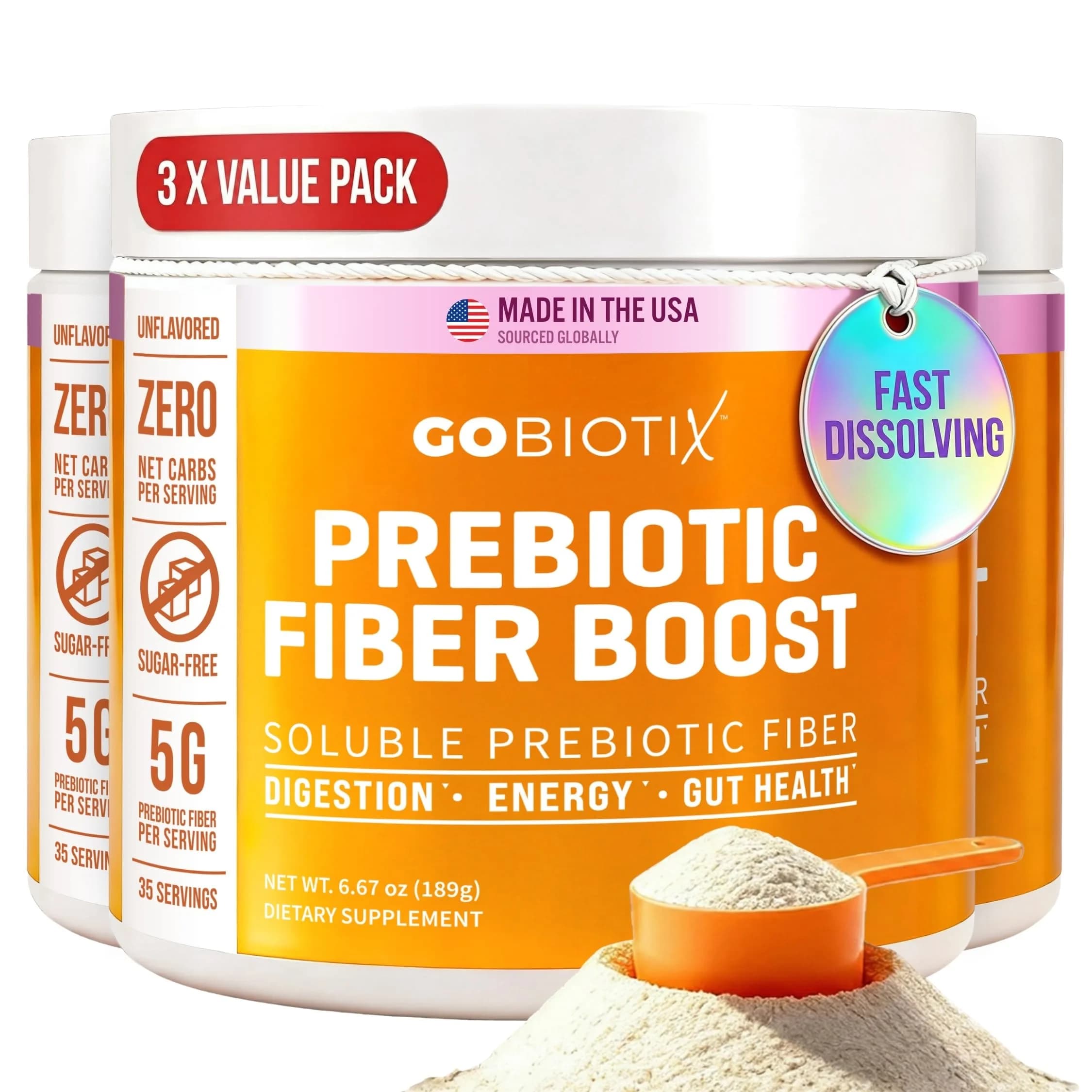 GOBIOTIX Fiber Supplement Powder with Prebiotics for Digestive Health and GLP-1 Support, Soluble Fiber for Gut Health & Debloat, Keto, Vegan, Gluten & Sugar Free, 35 Servings (3 Pack) — 6.17 Ounce