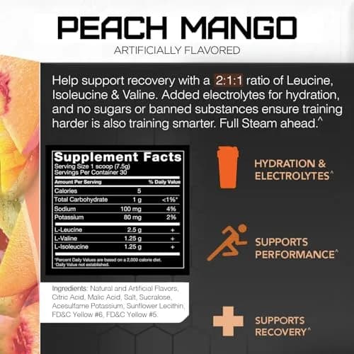 Rival Nutrition Steam BCAA Powder Peach Mango | 30 Servings | 5g BCAAs + Electrolytes for Recovery & Hydration thumbnail 4