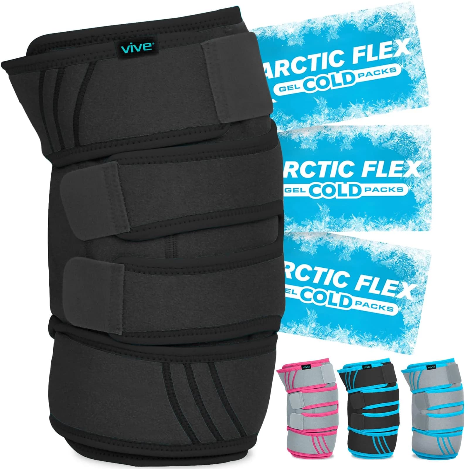 Vive Knee Ice Pack Wrap - Cold/Hot Gel Compression Brace for Pain Relief | Adjustable, Reusable, Latex-Free — Black