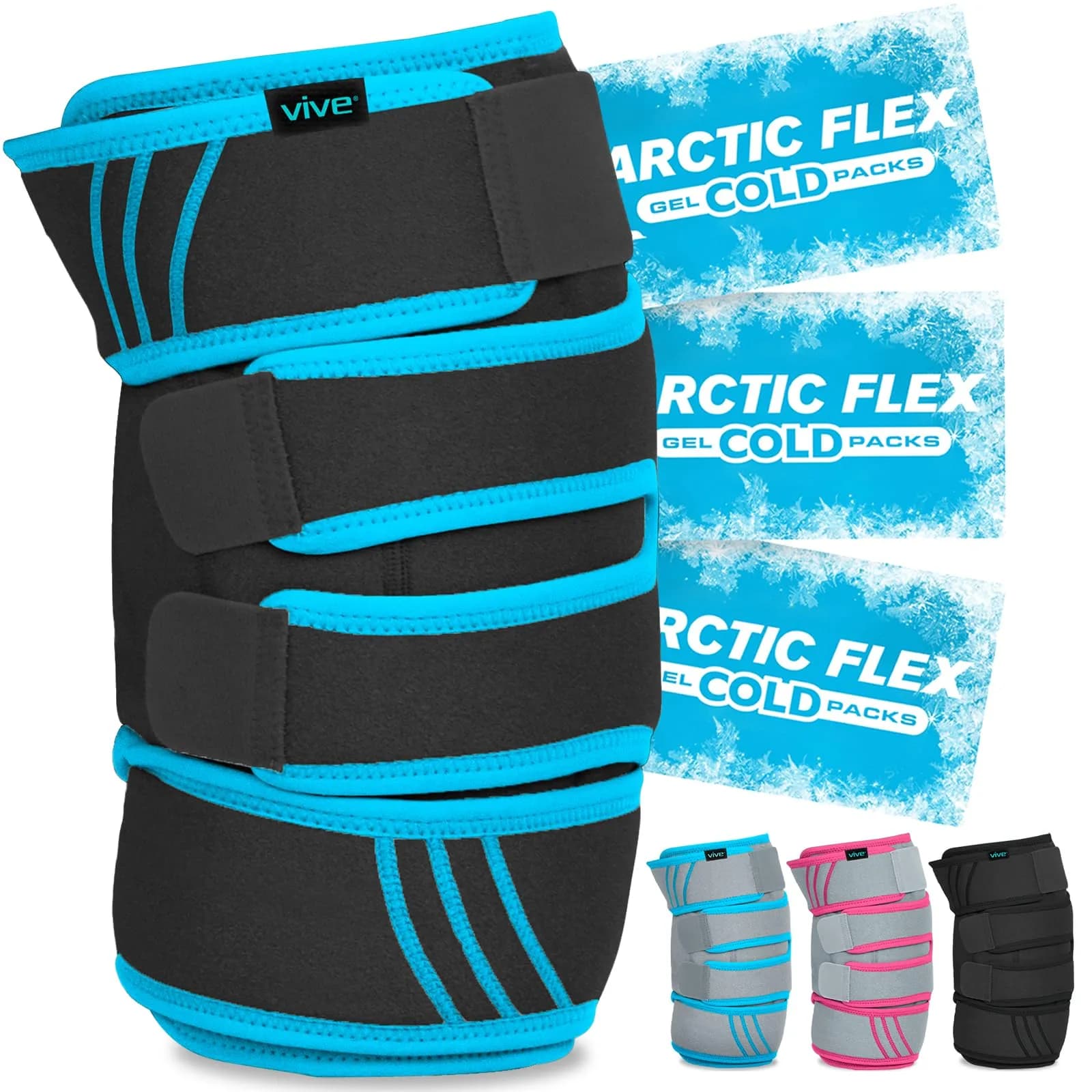 Vive Knee Ice Pack Wrap - Cold/Hot Gel Compression Brace for Pain Relief | Adjustable, Reusable, Latex-Free — Black & Blue