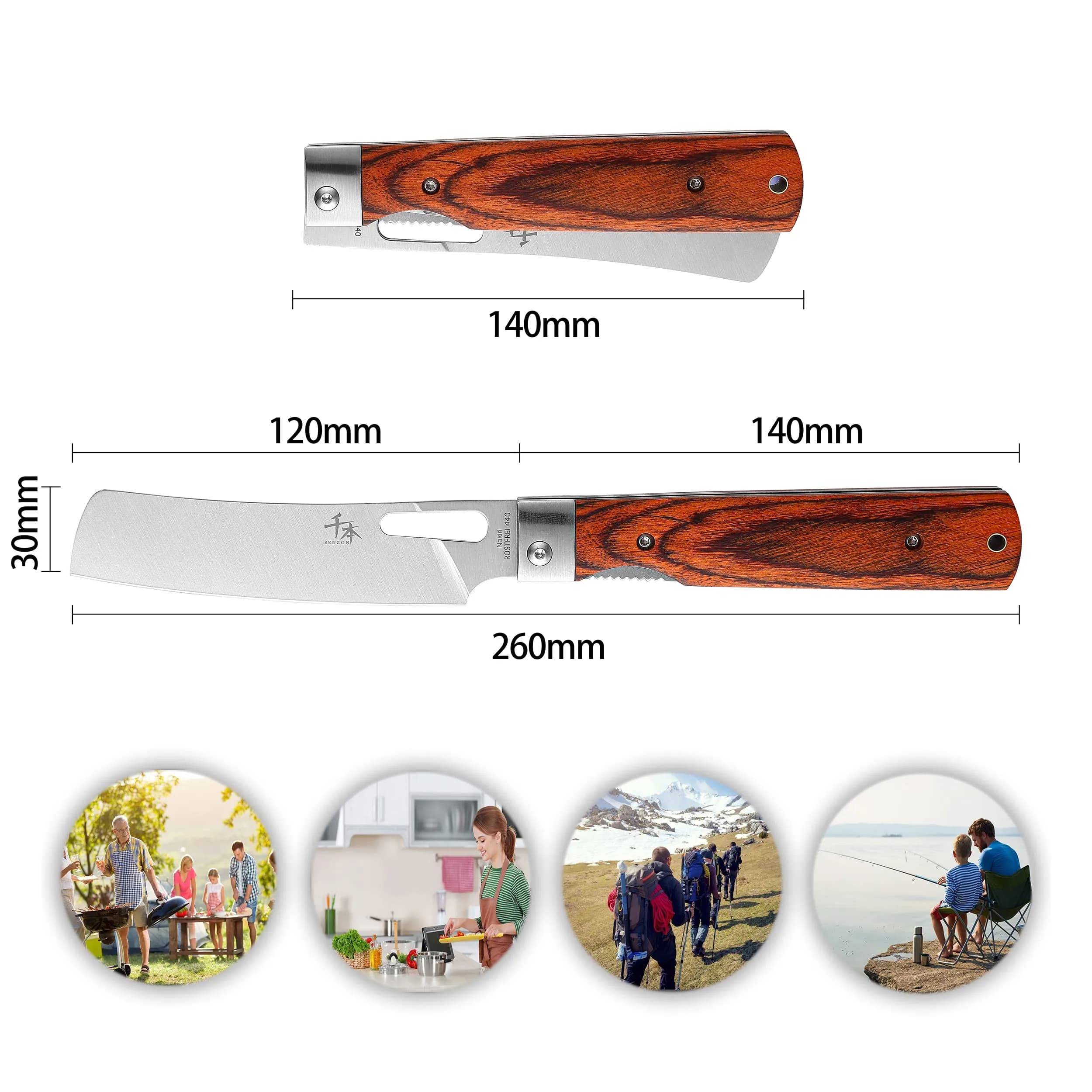 SENBON 440A Stainless Steel Folding Chef Knife 11.8cm (4.65in) Blade | Hand-Polished Olive Wood Handle - view 2