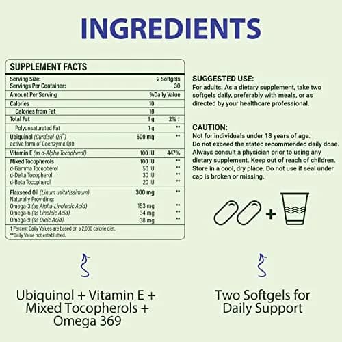 Mistaccy CoQ10 600mg Softgels | High Absorption Ubiquinol Supplement | Reduced Form with Vitamin E & Omega 3 (60 Softgels) thumbnail 2