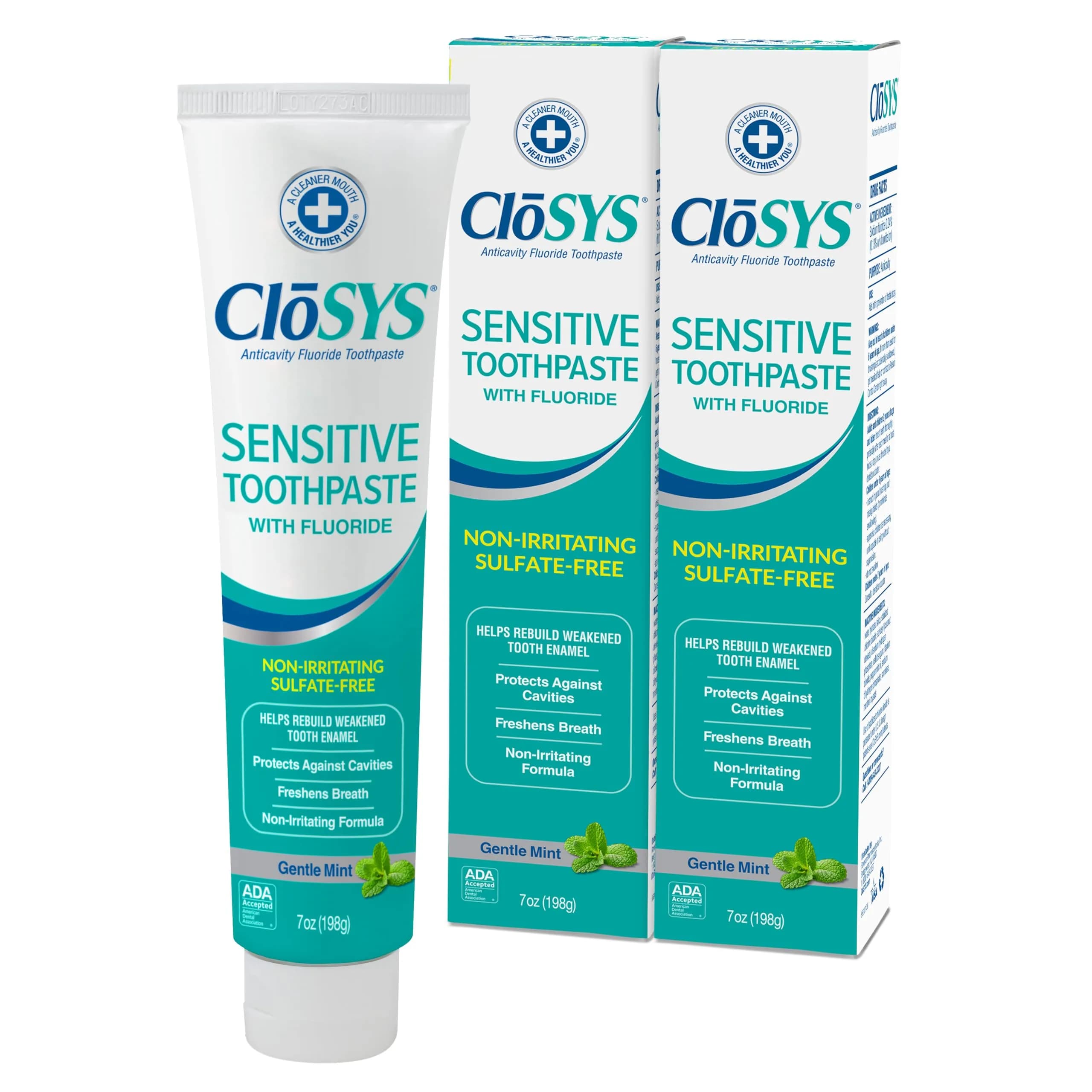 CloSYS SLS Free Toothpaste with Fluoride, 7 Ounce (198g), 2 Pack | Gentle Mint for Sensitive Teeth & Enamel Repair — 2-Pack