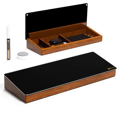 YEOUX Desktop Black Glass Dry Erase Board with Wood Organizers | Small Office Desk Whiteboard with Drawer thumbnail 1