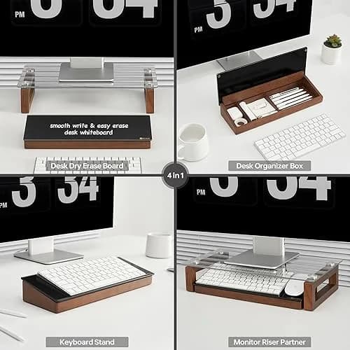YEOUX Desktop Black Glass Dry Erase Board with Wood Organizers | Small Office Desk Whiteboard with Drawer thumbnail 5
