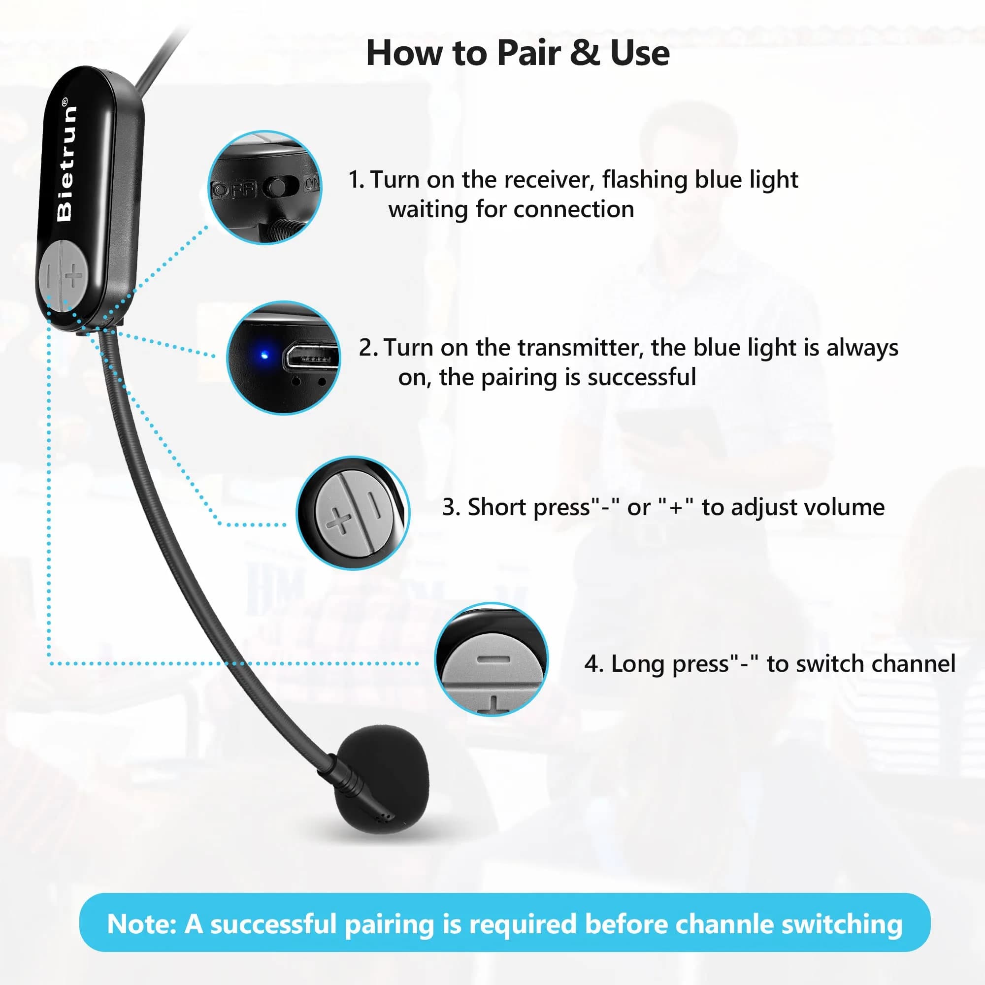 Bietrun Wireless Microphone Headset with 1/4'' Plug, UHF 165ft Range, 2-in-1 Handheld & Headset Mic | Rechargeable 6-Hour Battery - view 3
