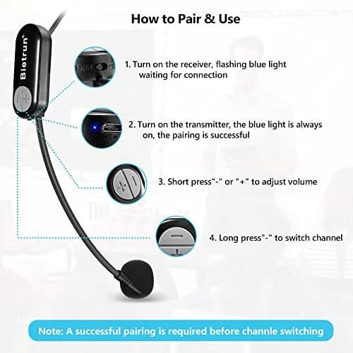 Bietrun Wireless Microphone Headset with 1/4'' Plug, UHF 165ft Range, 2-in-1 Handheld & Headset Mic | Rechargeable 6-Hour Battery thumbnail 3