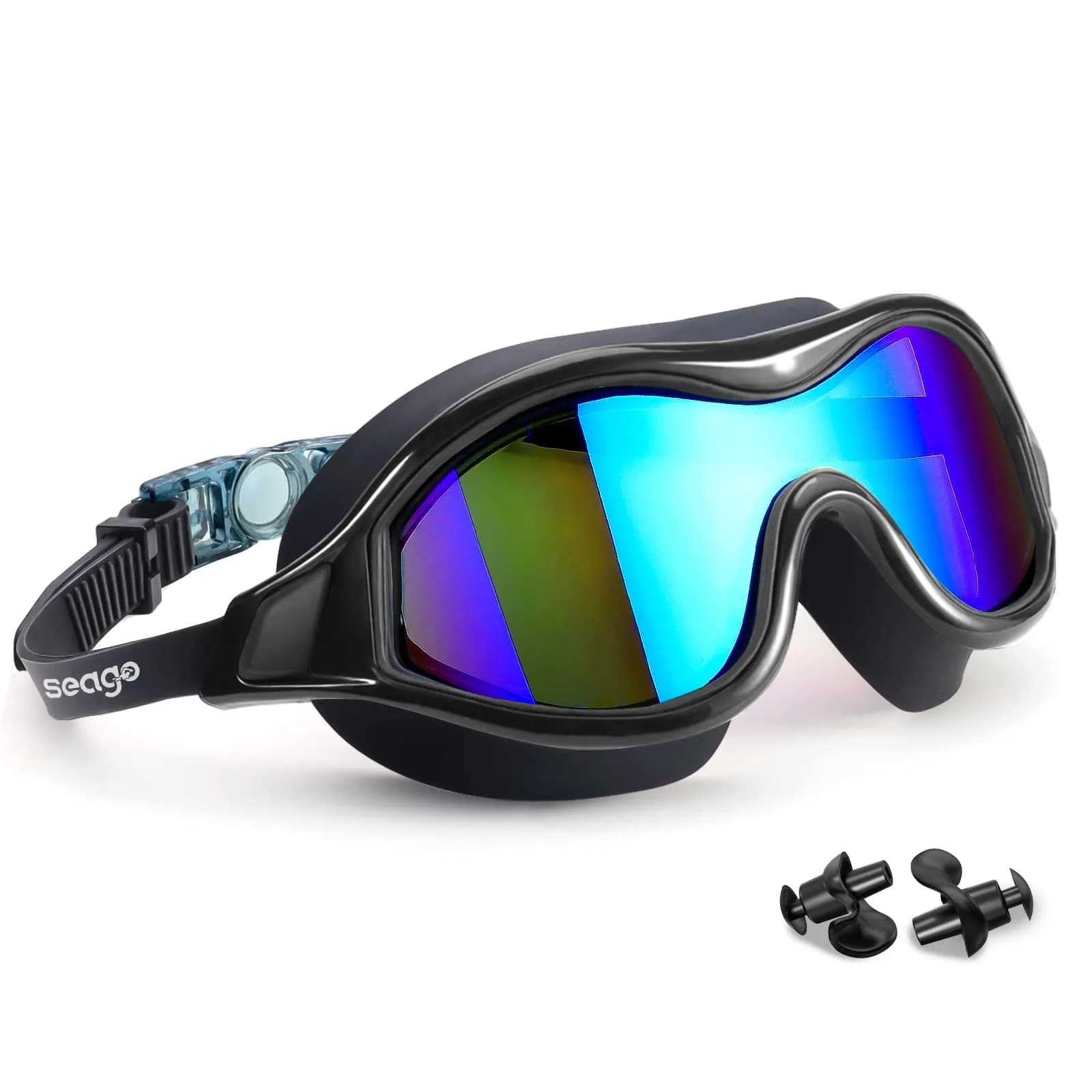 Seago Anti-Fog Mirrored Swim Goggles for Adults & Youth | 180° Clear Vision, UV Protection, Leak-Proof Silicone Seals — Black With Mirrored Blue