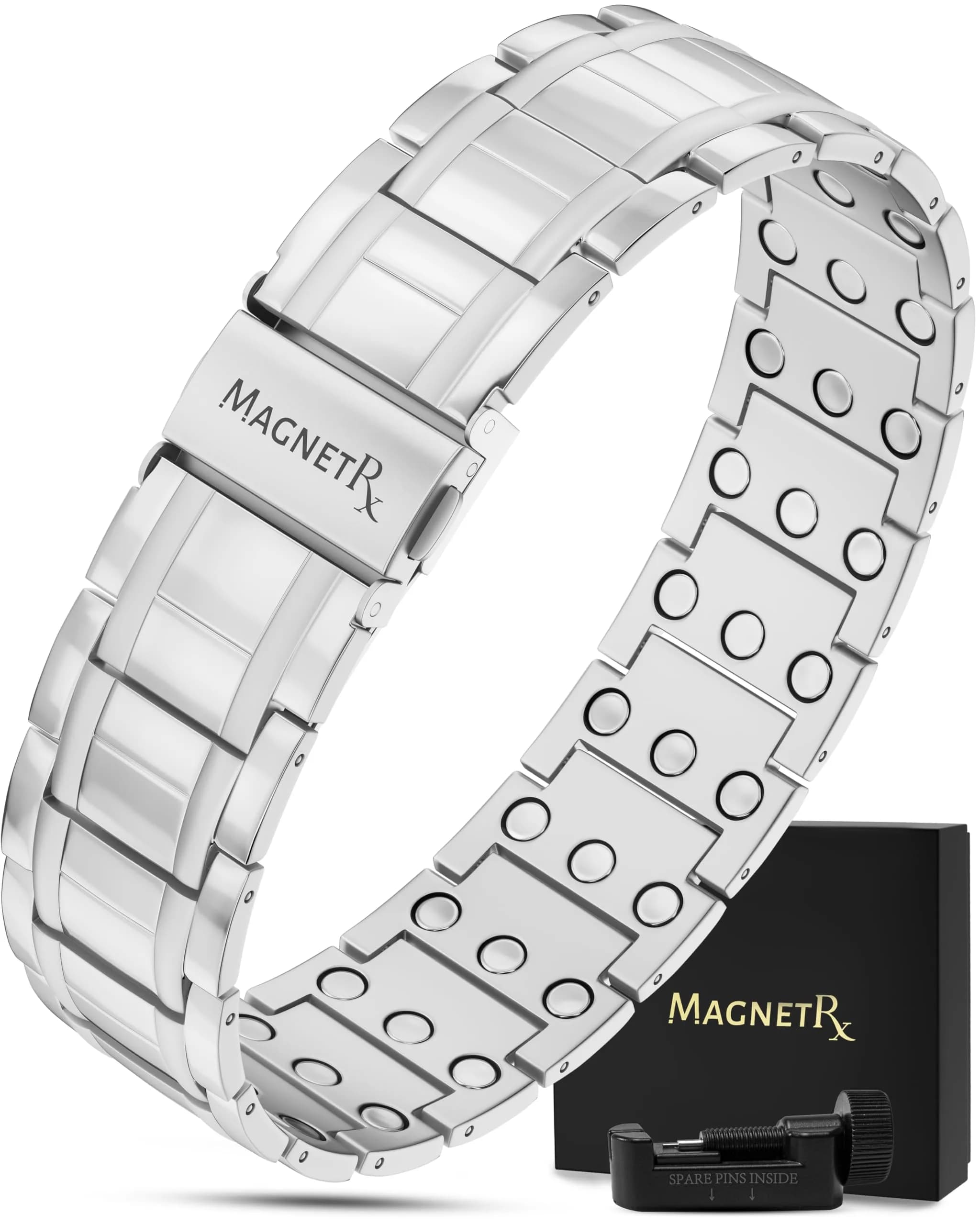 MagnetRX® 3X Strength Titanium Magnetic Bracelet for Men (Silver) 23.11 cm (9.1 inches) | Triple Strength Relief — Silver (3X Strength)