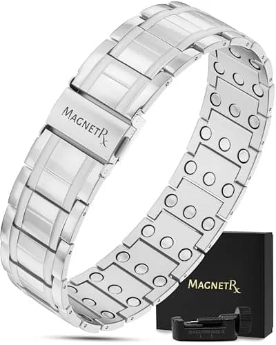 MagnetRX® 3X Strength Titanium Magnetic Bracelet for Men (Silver) 23.11 cm (9.1 inches) | Triple Strength Relief thumbnail 1