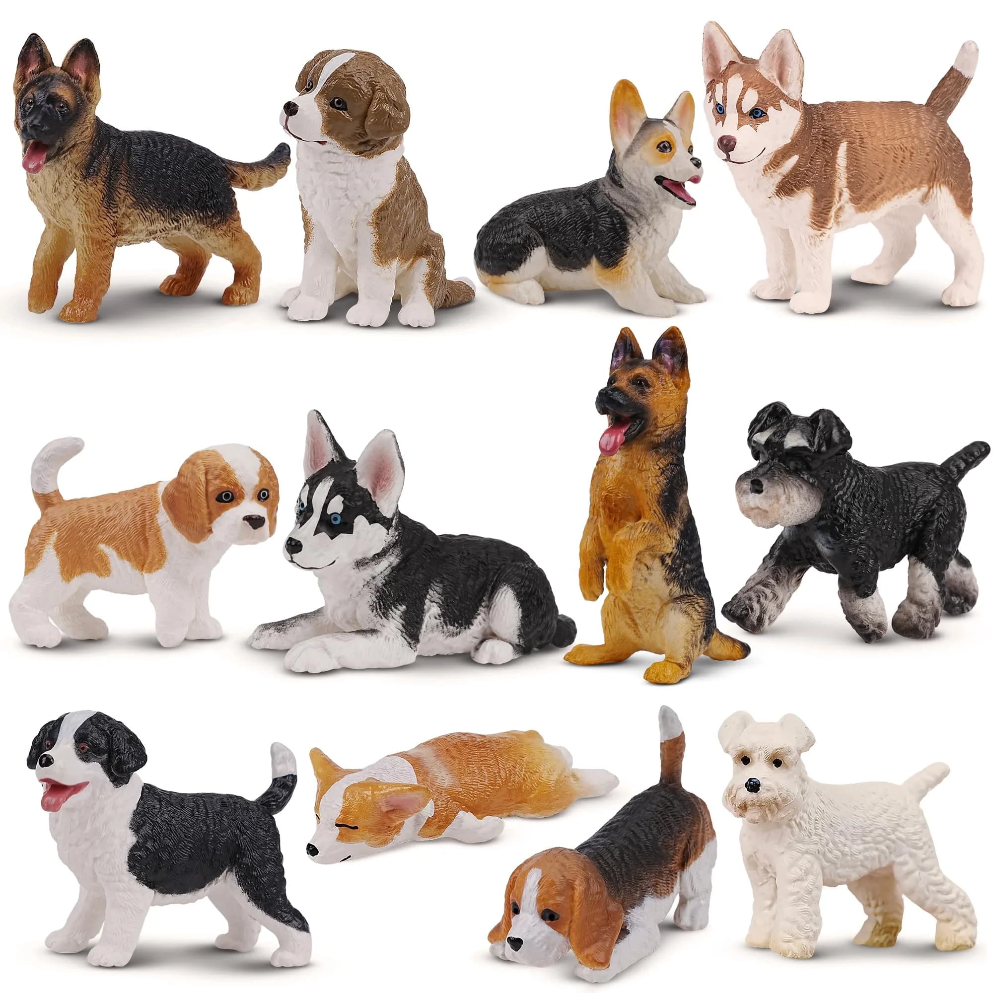 EYSCOTA 12PCS Dog Figurines Playset, Realistic Detailed Plastic Puppy Figures, Hand Painted Mini Dog Figures Toy Set Cake Toppers Easter Egg Birthday Gift for Kids Toddlers — 12P-Dogs