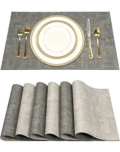 SUEH DESIGN Leather Placemats Set of 6, Light Grey & Smoky Grey | Reversible Non-Slip Table Mats for Dining Kitchen Parties thumbnail 1