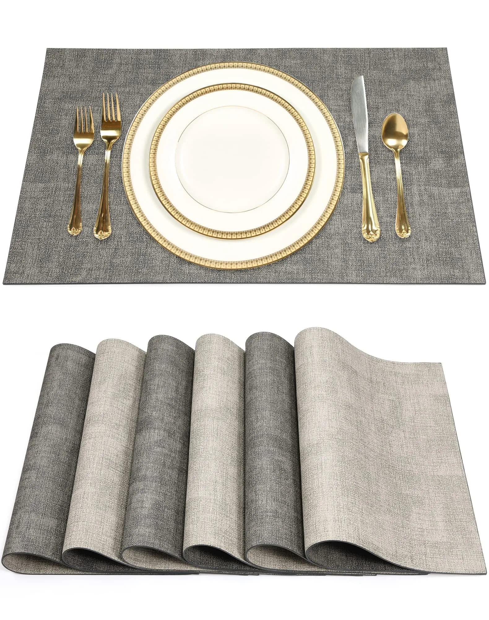 SUEH DESIGN Leather Placemats Set of 6, Light Grey & Smoky Grey | Reversible Non-Slip Table Mats for Dining Kitchen Parties