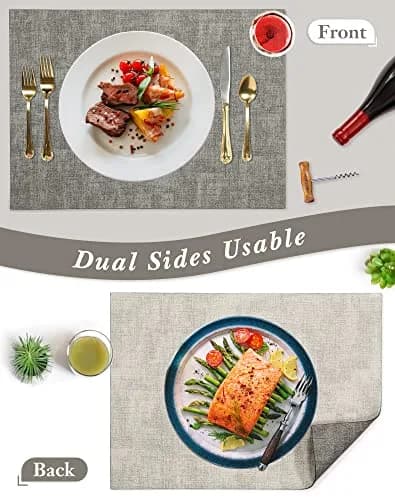 SUEH DESIGN Leather Placemats Set of 6, Light Grey & Smoky Grey | Reversible Non-Slip Table Mats for Dining Kitchen Parties thumbnail 2