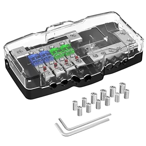 Joinfworld 4-Way Fused Power Distribution Block 12V DC | 0/4 Gauge Input to 4x 4-8 Gauge Output with LED Indicator thumbnail 1