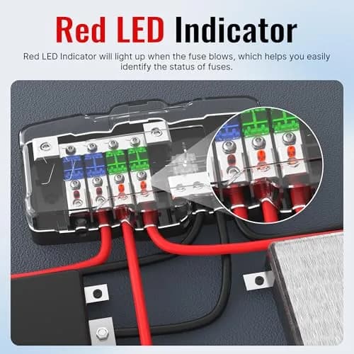 Joinfworld 4-Way Fused Power Distribution Block 12V DC | 0/4 Gauge Input to 4x 4-8 Gauge Output with LED Indicator thumbnail 4