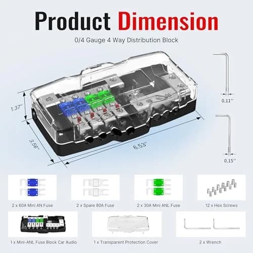 Joinfworld 4-Way Fused Power Distribution Block 12V DC | 0/4 Gauge Input to 4x 4-8 Gauge Output with LED Indicator thumbnail 2