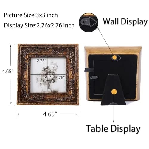 SIKOO Small Vintage 3×3 Picture Frame Antique Ornate | Gold Bronze Finish, Wall & Tabletop Display thumbnail 5