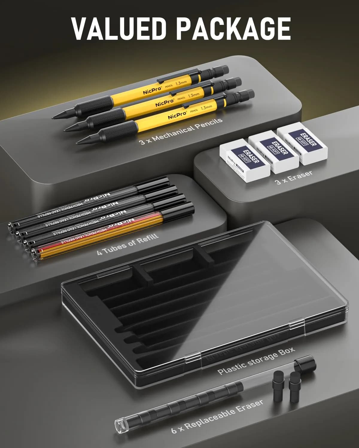 Nicpro 1.3mm Mechanical Pencil Set with 48 Lead Refills & Erasers | Durable Metal Barrel for Writing & Drawing - view 5