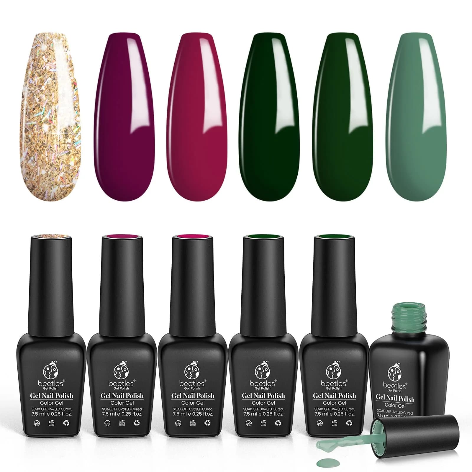 Beetles Gel Nail Polish Set Burgundy Purple Red Green Glitter 6 Colors (7.5ml Each) | 9-Free Formula, Long-Lasting Shine - main product image