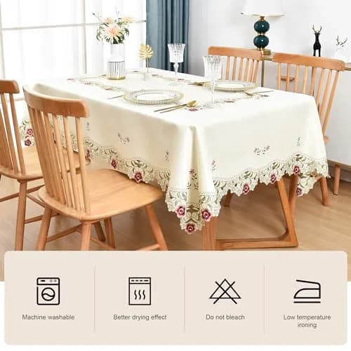 Wolkemer Jacquard Floral Embroidered Rectangle Tablecloth 60 x 84 inch (152.4 x 213.4 cm) | Elegant Beige Cutwork for Dining & Parties thumbnail 4