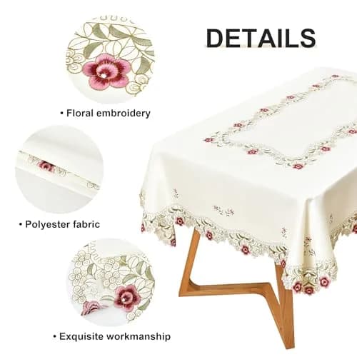 Wolkemer Jacquard Floral Embroidered Rectangle Tablecloth 60 x 84 inch (152.4 x 213.4 cm) | Elegant Beige Cutwork for Dining & Parties thumbnail 5