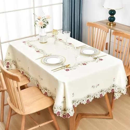 Wolkemer Jacquard Floral Embroidered Rectangle Tablecloth 60 x 84 inch (152.4 x 213.4 cm) | Elegant Beige Cutwork for Dining & Parties thumbnail 2