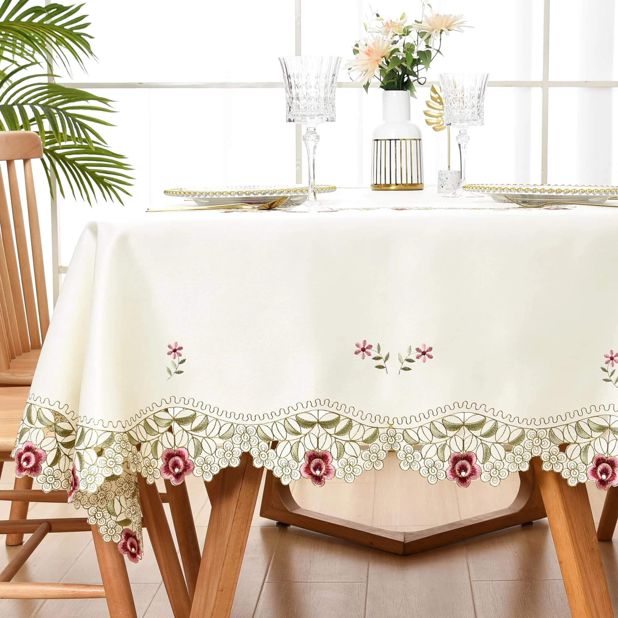 Wolkemer Jacquard Floral Embroidered Rectangle Tablecloth 60 x 84 inch (152.4 x 213.4 cm) | Elegant Beige Cutwork for Dining & Parties - main product image
