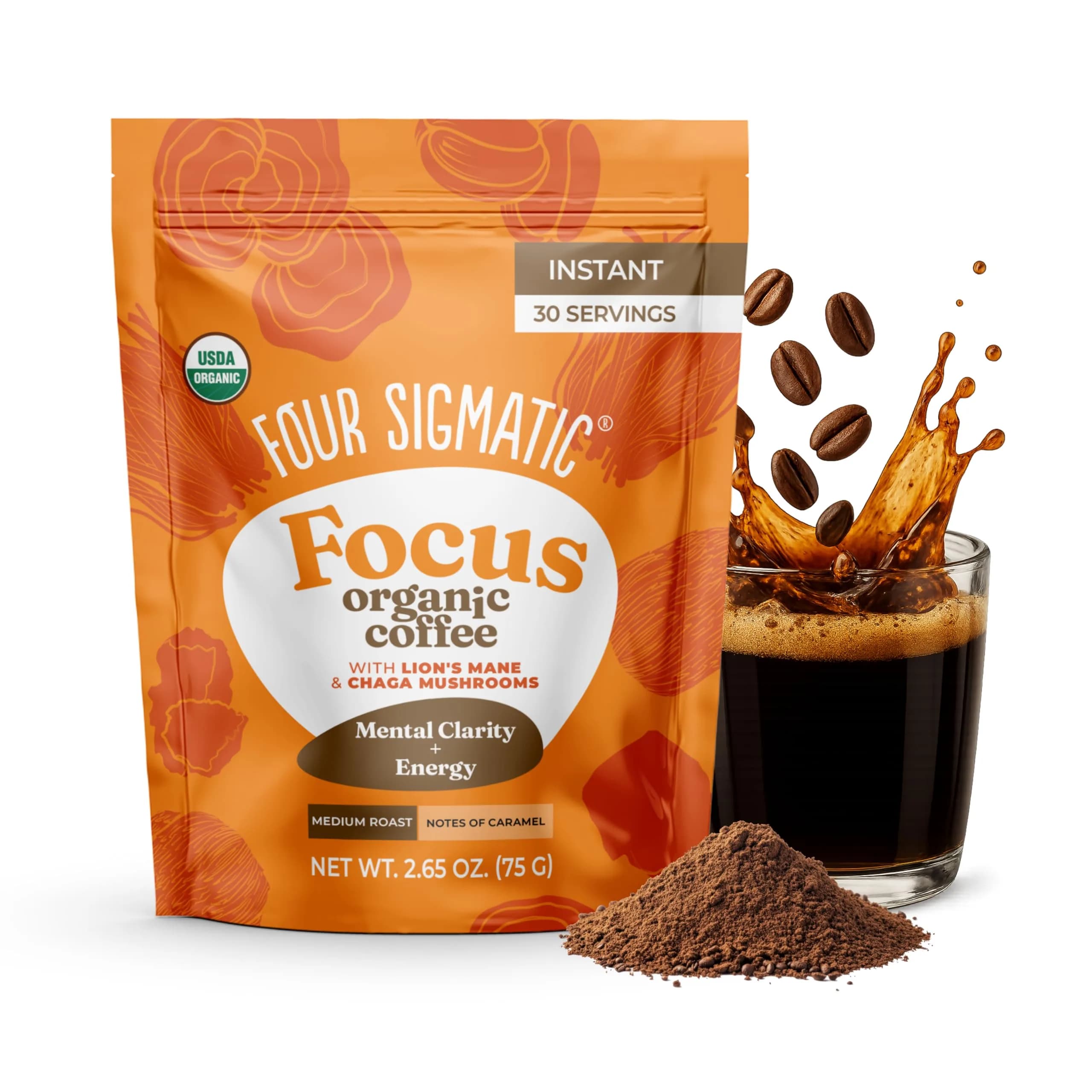 Four Sigmatic Organic Mushroom Coffee Mix with Lion's Mane, Chaga & Rhodiola 30 Servings | 50mg Caffeine Per Serving