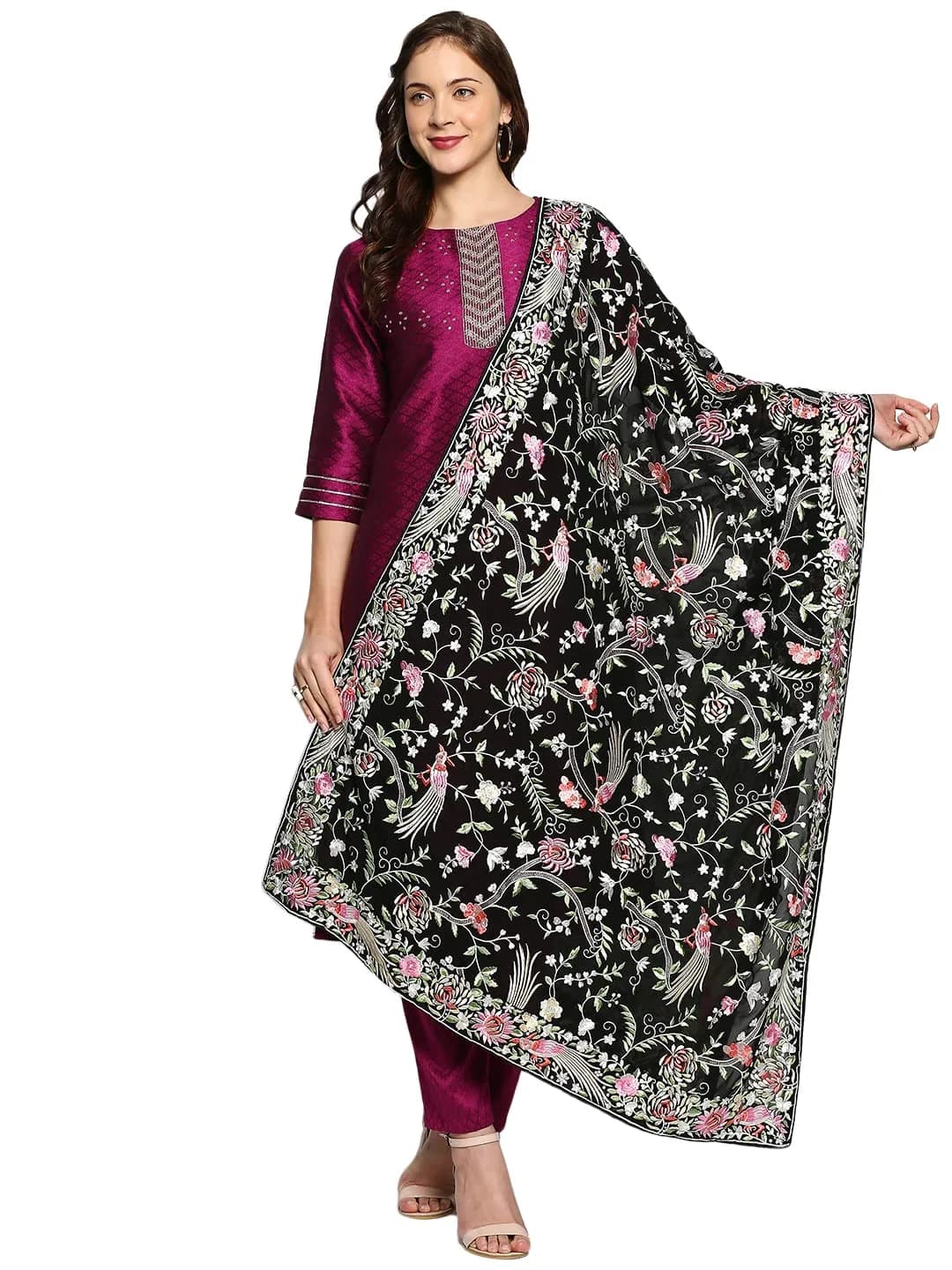 DUPATTA BAZAAR Parsi Gara Embroidered Georgette Dupatta 228 cm (90 inches) | Black Floral & Bird Work — Black