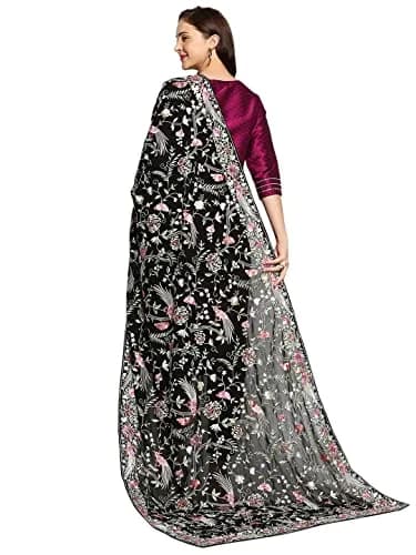 DUPATTA BAZAAR Parsi Gara Embroidered Georgette Dupatta 228 cm (90 inches) | Black Floral & Bird Work thumbnail 4