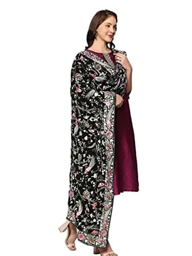 DUPATTA BAZAAR Parsi Gara Embroidered Georgette Dupatta 228 cm (90 inches) | Black Floral & Bird Work thumbnail 5
