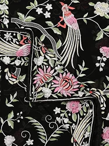 DUPATTA BAZAAR Parsi Gara Embroidered Georgette Dupatta 228 cm (90 inches) | Black Floral & Bird Work thumbnail 6