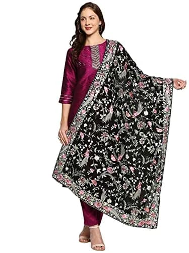 DUPATTA BAZAAR Parsi Gara Embroidered Georgette Dupatta 228 cm (90 inches) | Black Floral & Bird Work thumbnail 1