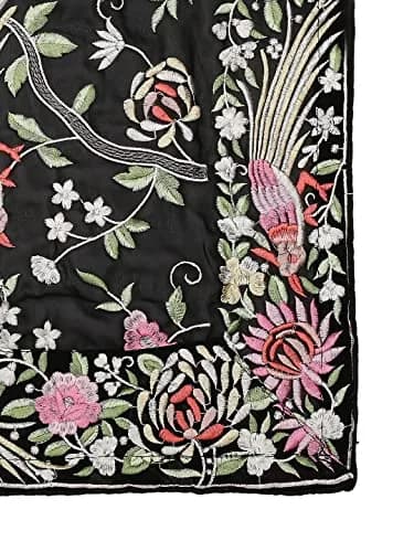 DUPATTA BAZAAR Parsi Gara Embroidered Georgette Dupatta 228 cm (90 inches) | Black Floral & Bird Work thumbnail 7