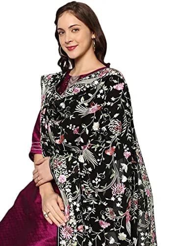 DUPATTA BAZAAR Parsi Gara Embroidered Georgette Dupatta 228 cm (90 inches) | Black Floral & Bird Work thumbnail 2