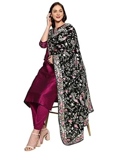 DUPATTA BAZAAR Parsi Gara Embroidered Georgette Dupatta 228 cm (90 inches) | Black Floral & Bird Work thumbnail 3
