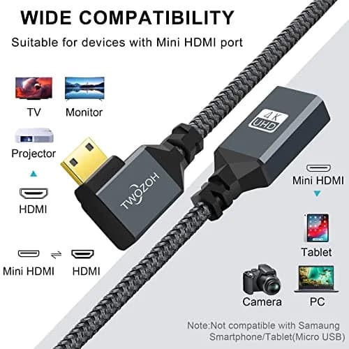Twozoh Mini HDMI to HDMI Adapter Cable 0.6FT (18cm) | Right Angle 90° Elbow, Nylon Braided, 4K@60Hz Support thumbnail 2