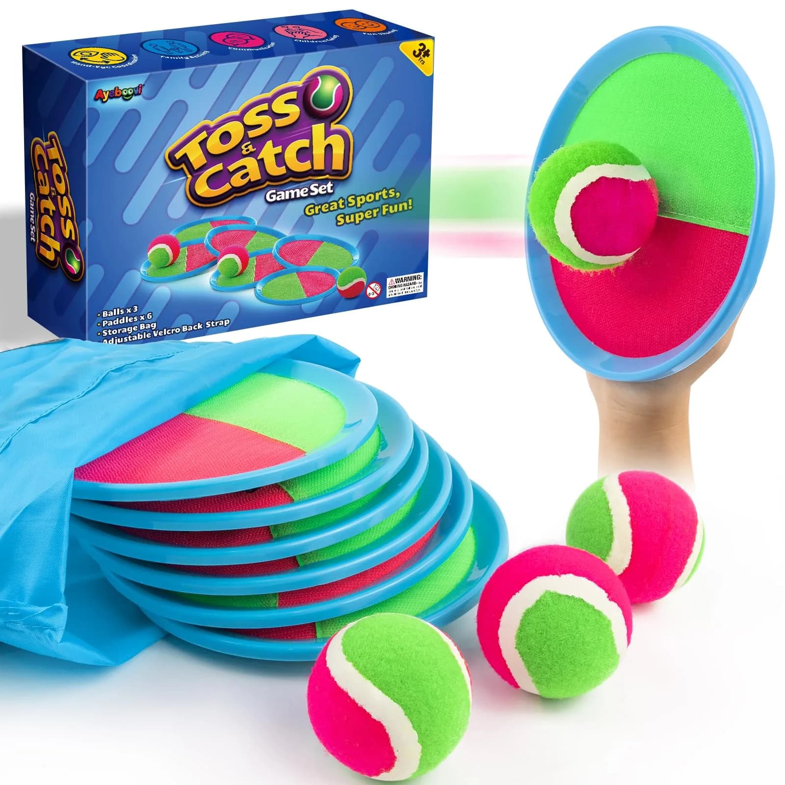 Ayeboovi Sticky Toss and Catch Ball Game 6 Paddles 3 Balls | Outdoor Fun for Ages 3-12 - main product image