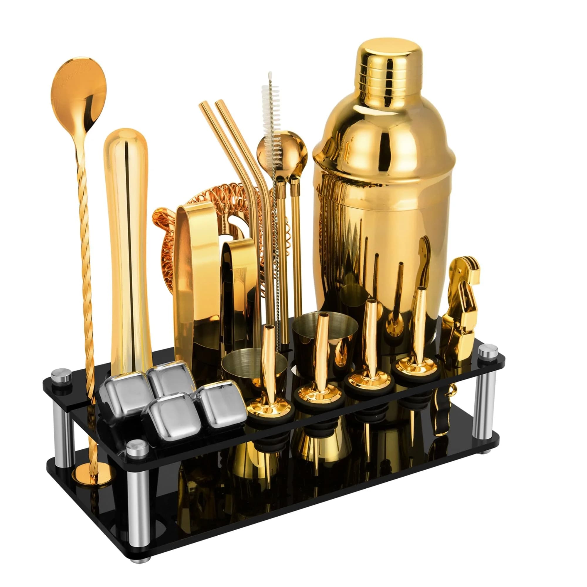 KINGROW Cocktail Shaker Set, 23 Piece Bartender Kit with Stand 25oz Gold | Complete Home Bar