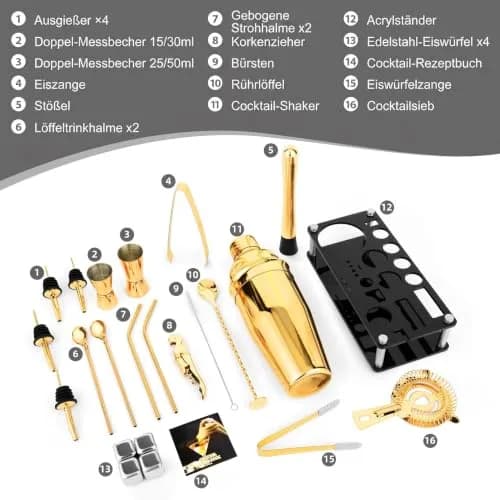 KINGROW Cocktail Shaker Set, 23 Piece Bartender Kit with Stand 25oz Gold | Complete Home Bar thumbnail 5