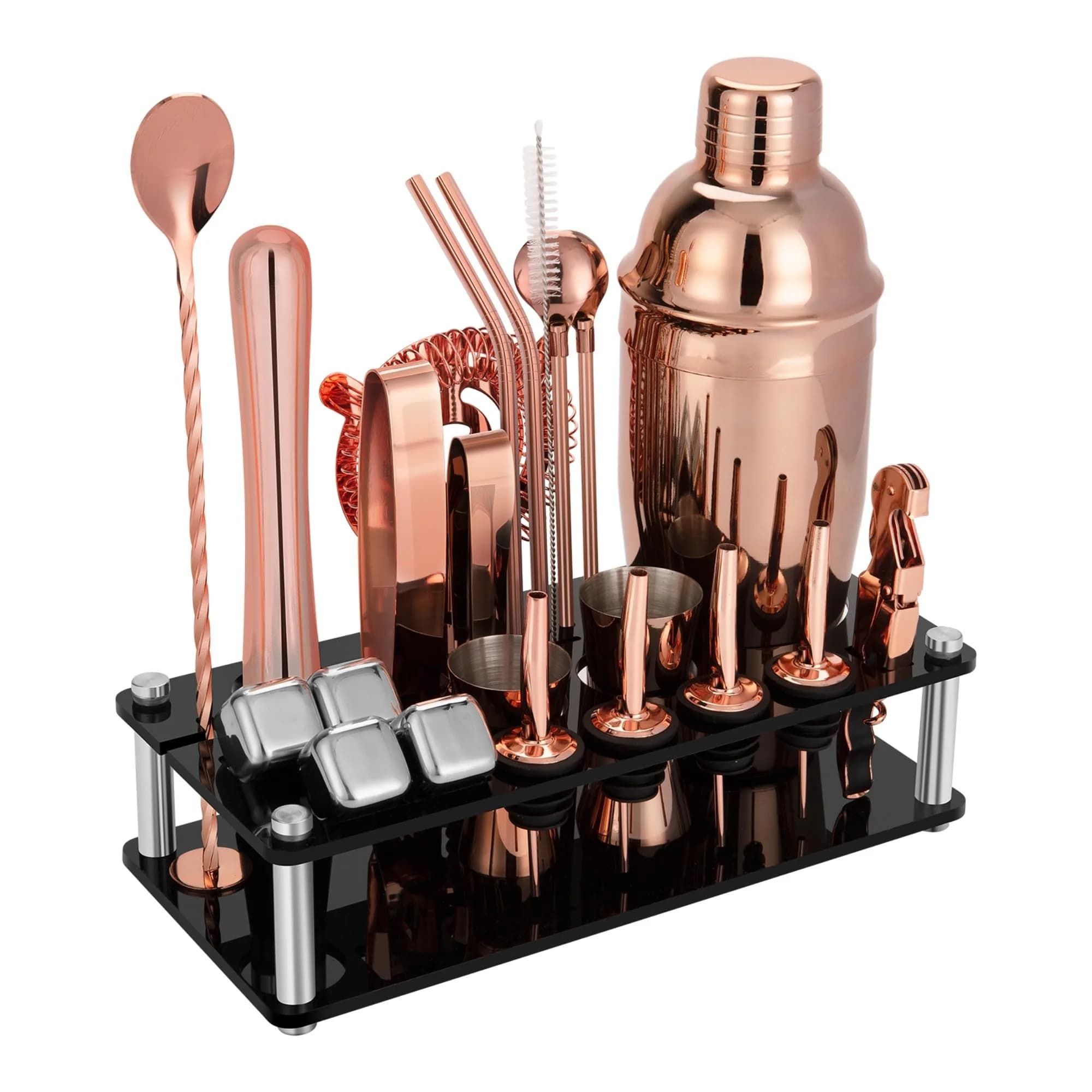KINGROW Cocktail Shaker Set, 23 Piece Bartender Kit with Stand Gold Rose | Premium Stainless Steel Bar Tool Set for Home & Party