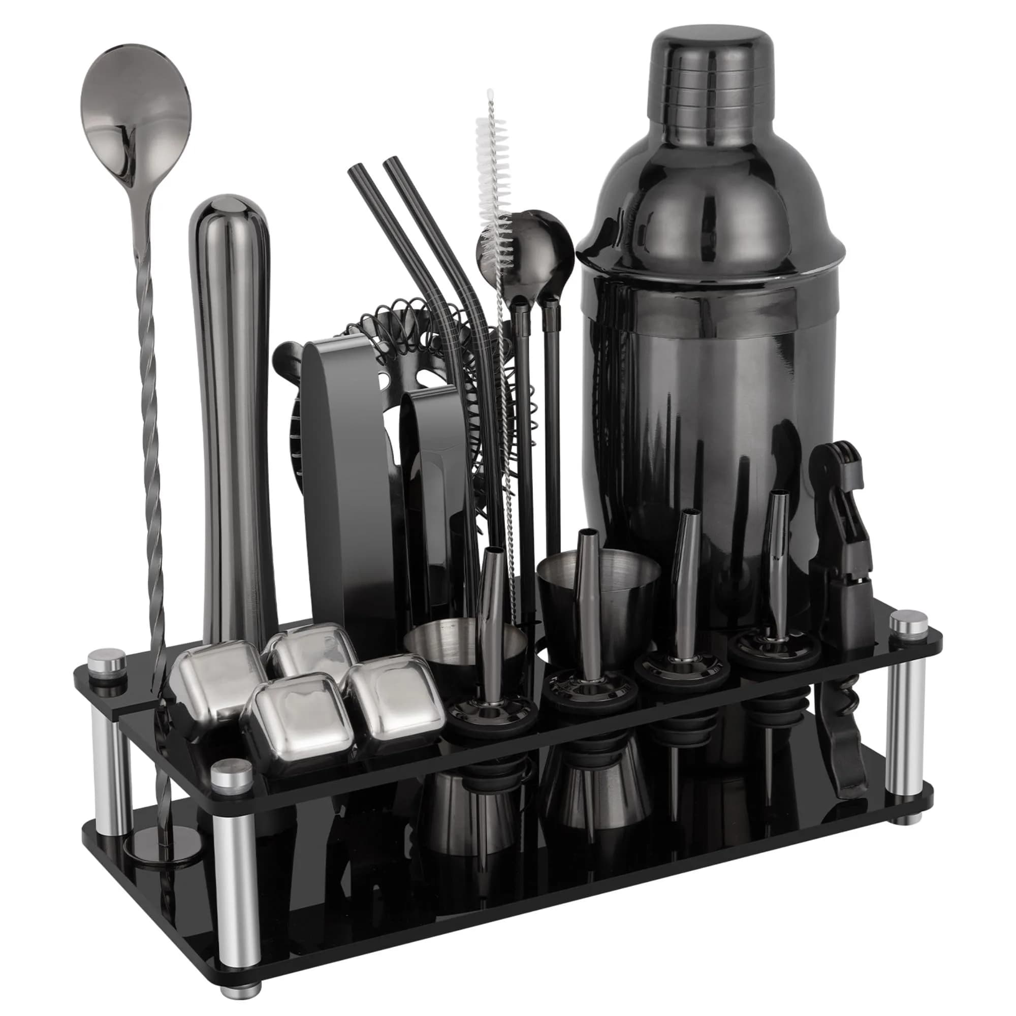 KINGROW Cocktail Shaker Set, 23 Piece Bartender Kit with Stand 25oz Black | Complete Home Bar