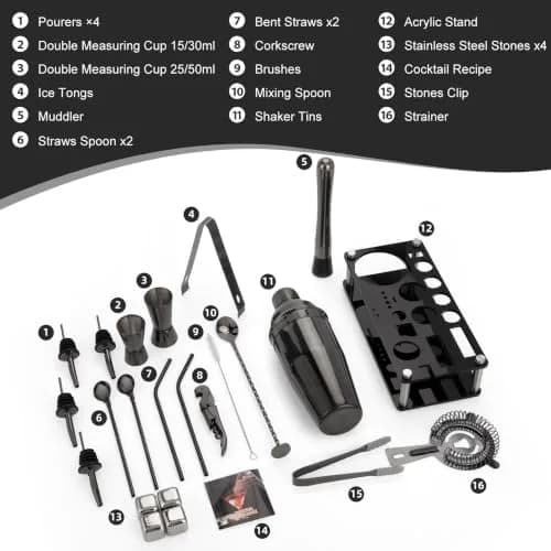 KINGROW Cocktail Shaker Set, 23 Piece Bartender Kit with Stand 25oz Black | Complete Home Bar thumbnail 2